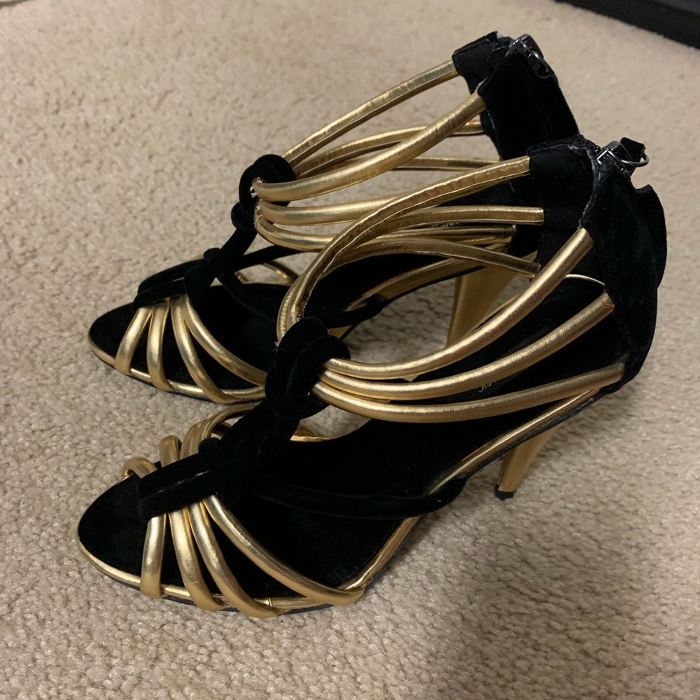 Zara gold strap black velvet heels